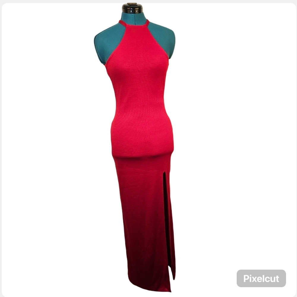 Custom handmade red high slit sleeveless backless knit maxi dress size XS US.